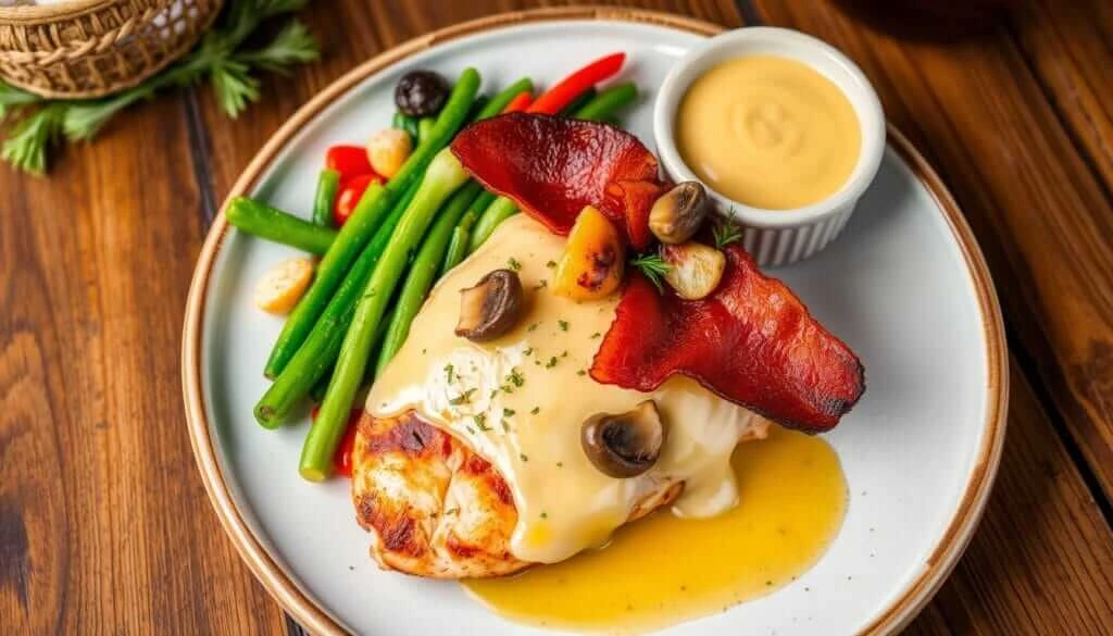 Grilled Alice Springs Chicken topped with crispy bacon, melted cheese, sautéed mushrooms and onions, and drizzled with honey mustard sauce.